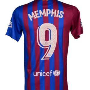 Memphis Depay — Jersey FC Barcelona Autografiado con Certificado 2021-2022 - Vista frontal